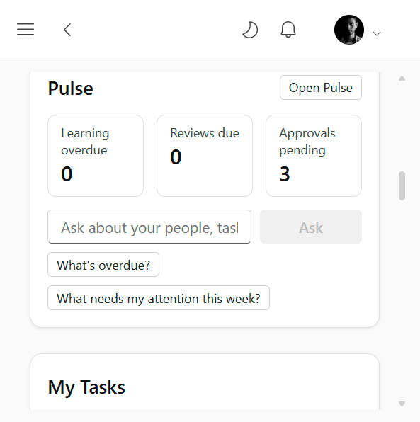Axel Henry Pulse widget on the employee dashboard, showing learning overdue, reviews due and approvals pending, plus an ask box and suggested prompts